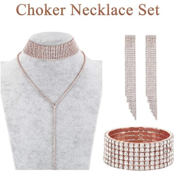 Hicarer 3 Pieces Women Rhinestone Jewelry Set Rhinestone Tassel Choker Necklace - Picture 2 of 7